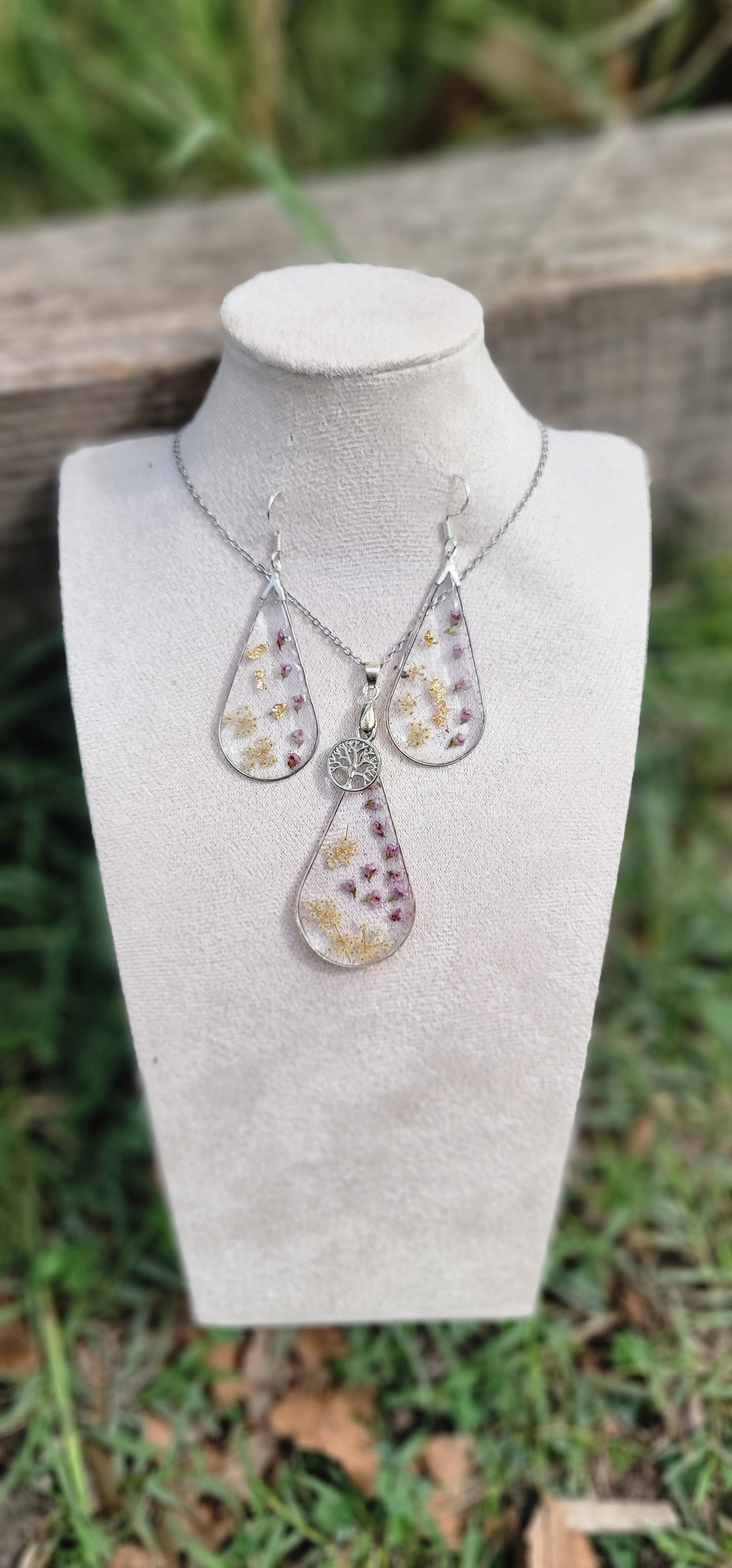 Parure florale ensemble collier et boucles d'oreilles en argent bohème fleur