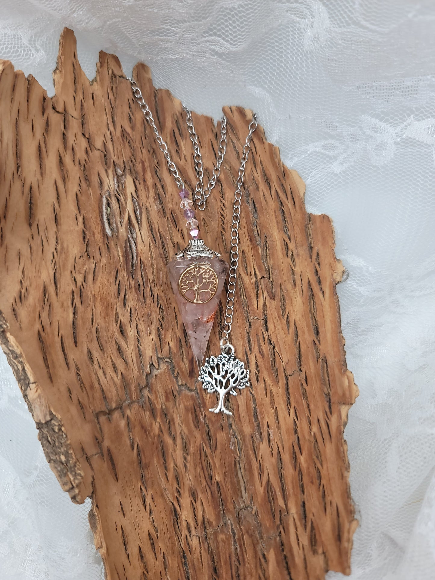 Pendule radiesthésie Quartz rose arbre de vie