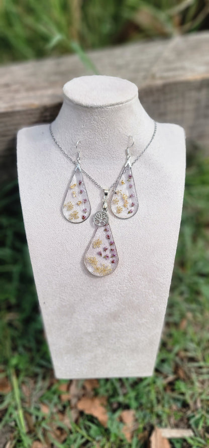 Parure florale ensemble collier et boucles d'oreilles en argent bohème fleur