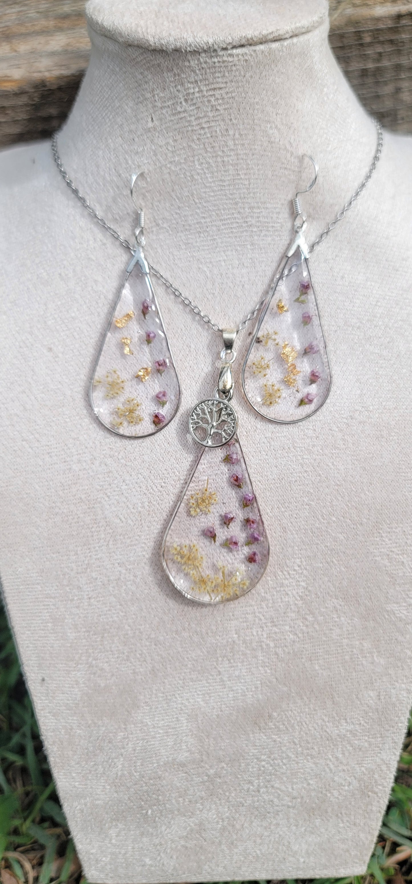 Parure florale ensemble collier et boucles d'oreilles en argent bohème fleur