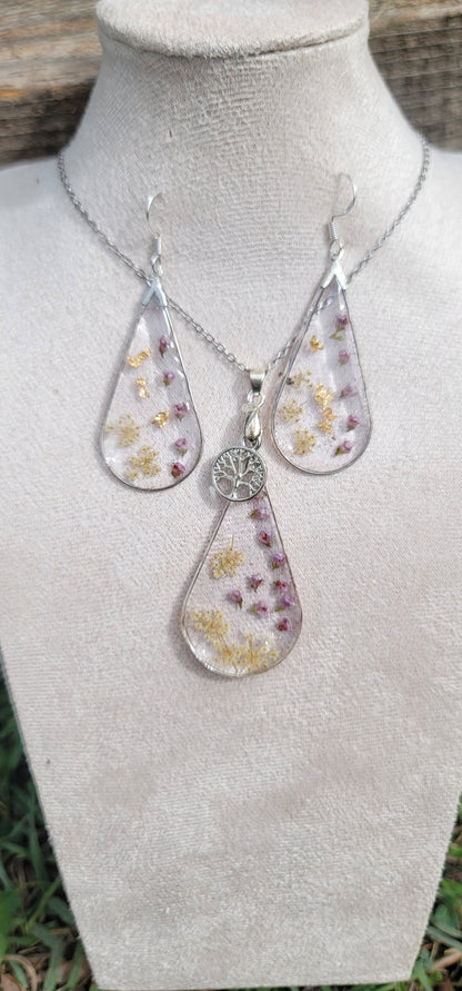 Parure florale ensemble collier et boucles d'oreilles en argent bohème fleur