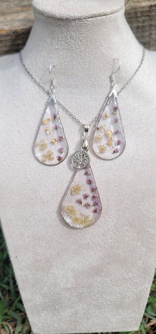 Parure florale ensemble collier et boucles d'oreilles en argent bohème fleur