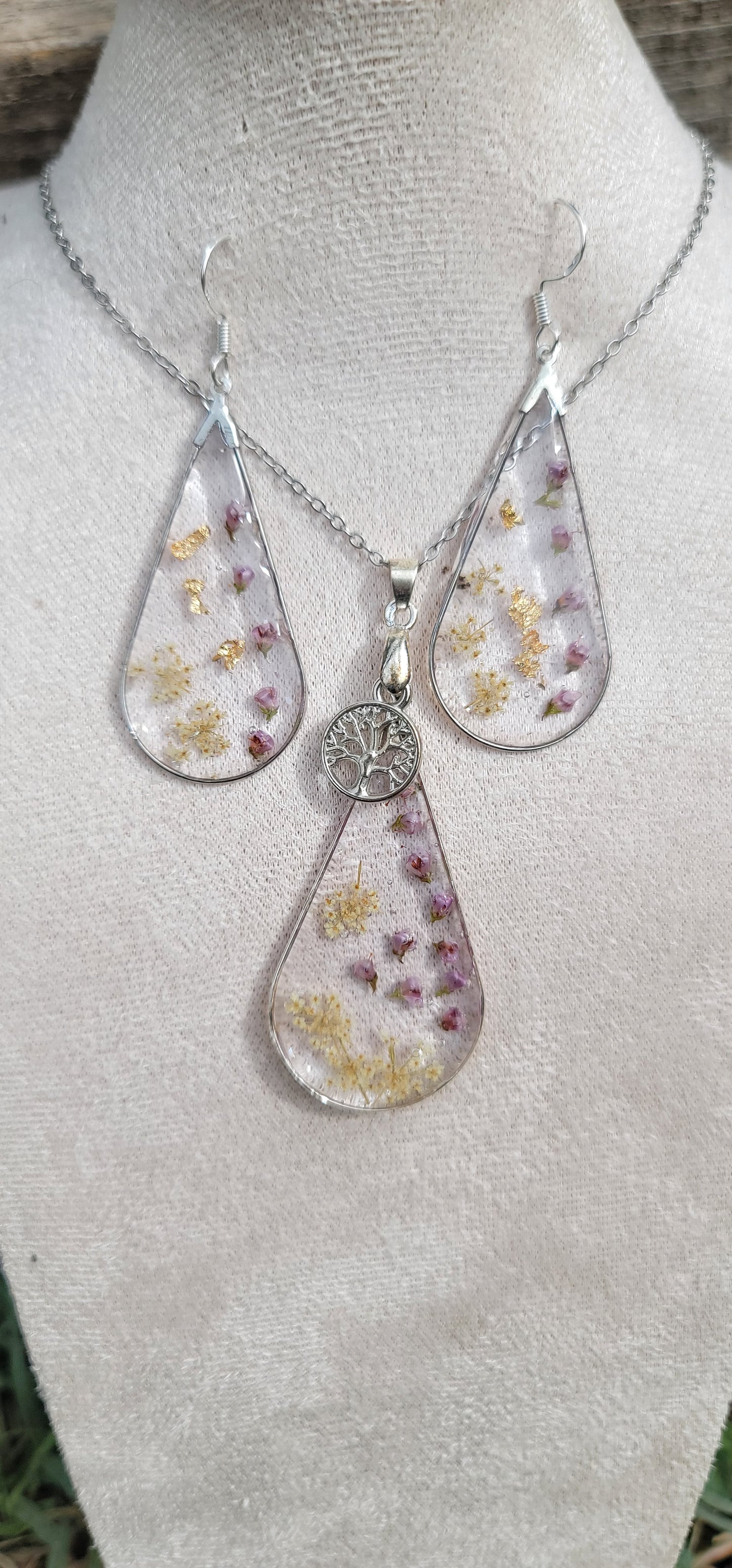 Parure florale ensemble collier et boucles d'oreilles en argent bohème fleur