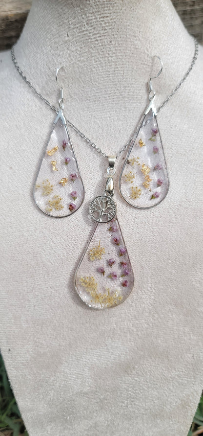 Parure florale ensemble collier et boucles d'oreilles en argent bohème fleur